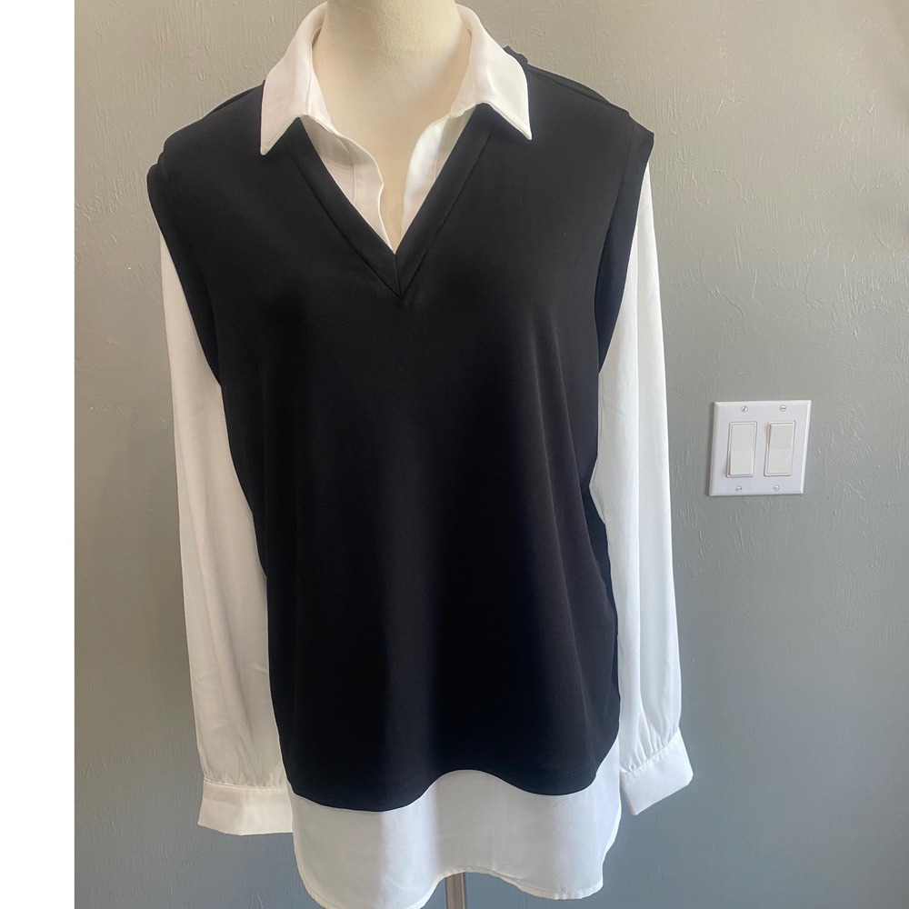 Adrianna Papell Women Black White Mixed Media Layered Sweater Vest Blouse Top